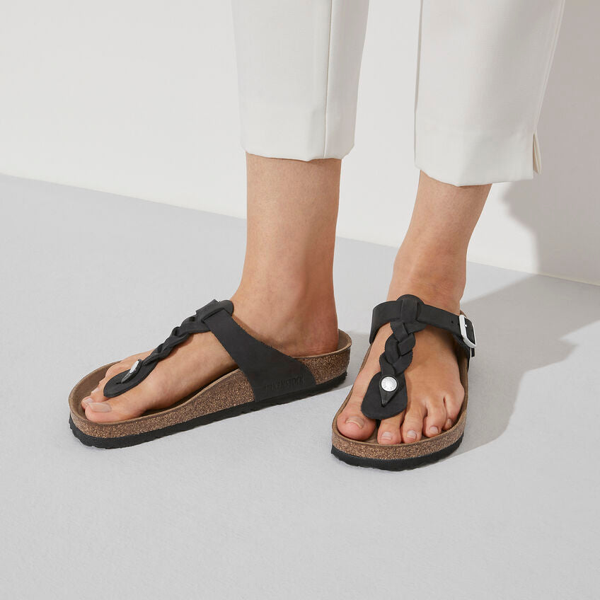 BIRKENSTOCK GIZEH BRAIDED BLACK OIL LEATHER REGULAR
