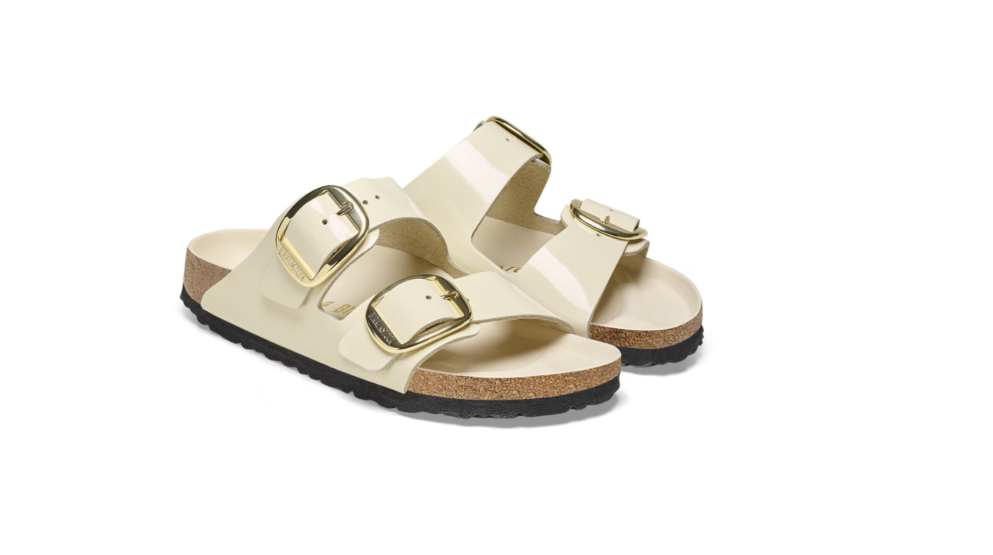 Birkenstock Arizona Big Buckle Natural Leather Patent High-Shine Ecru