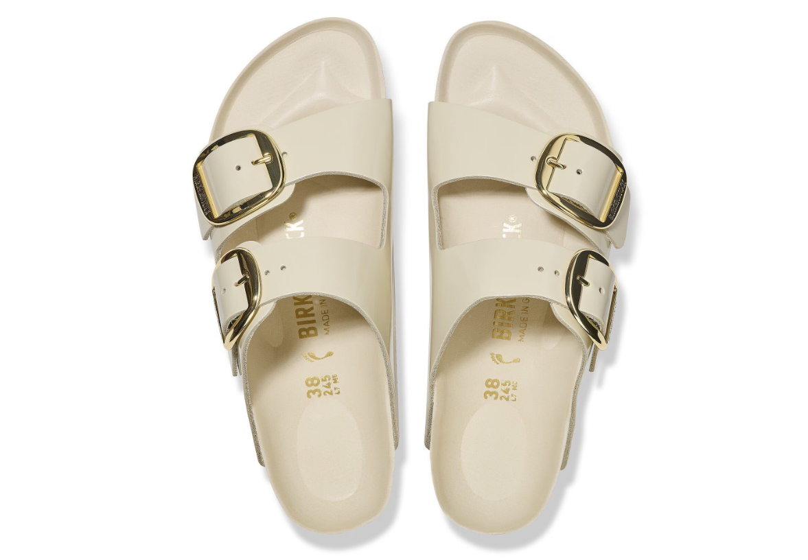 Birkenstock Arizona Big Buckle Natural Leather Patent High-Shine Ecru