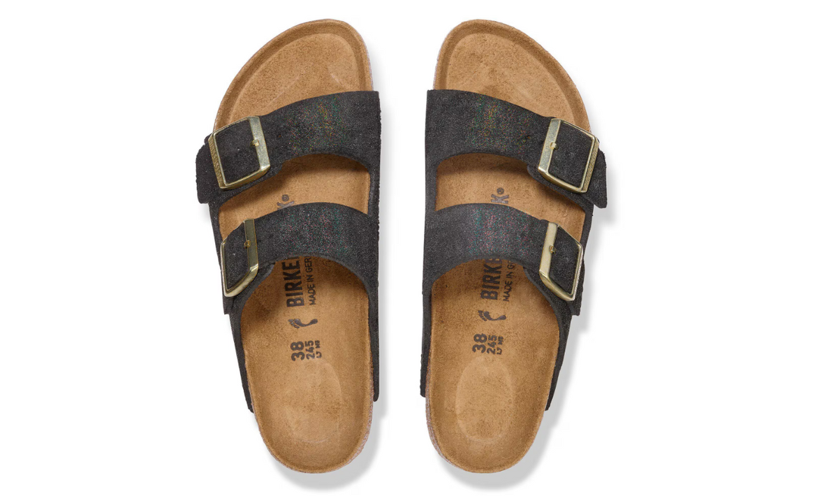 Birkenstock Arizona Suede Leather Shimmering Black Sandals - Black, Narrow