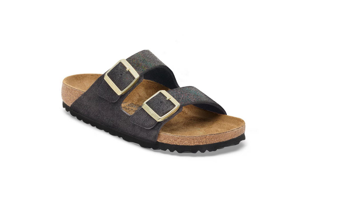 Birkenstock Arizona Suede Leather Shimmering Black Sandals - Black, Narrow