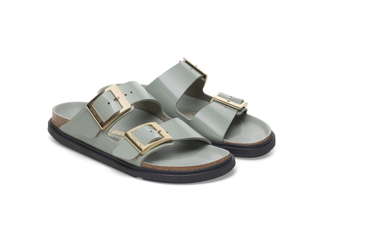 Birkenstock Arizona Droplet Buckle Natural Leather Patent High Shine Pure Sage