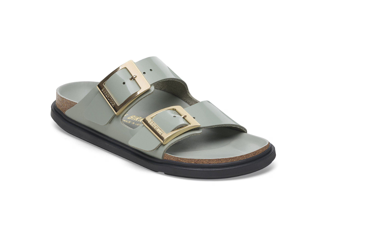 Birkenstock Arizona Droplet Buckle Natural Leather Patent High Shine Pure Sage