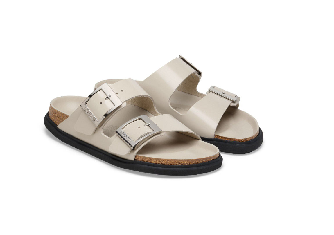 Birkenstock Arizona Droplet Buckle Natural Leather Patent High Shine Oyster