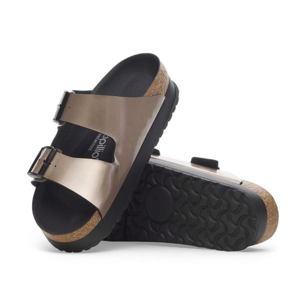 Birkenstock Arizona PAP Flex Platform Birko-Flor Patent Electric Metallic Taupe