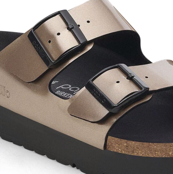 Birkenstock Arizona PAP Flex Platform Birko-Flor Patent Electric Metallic Taupe