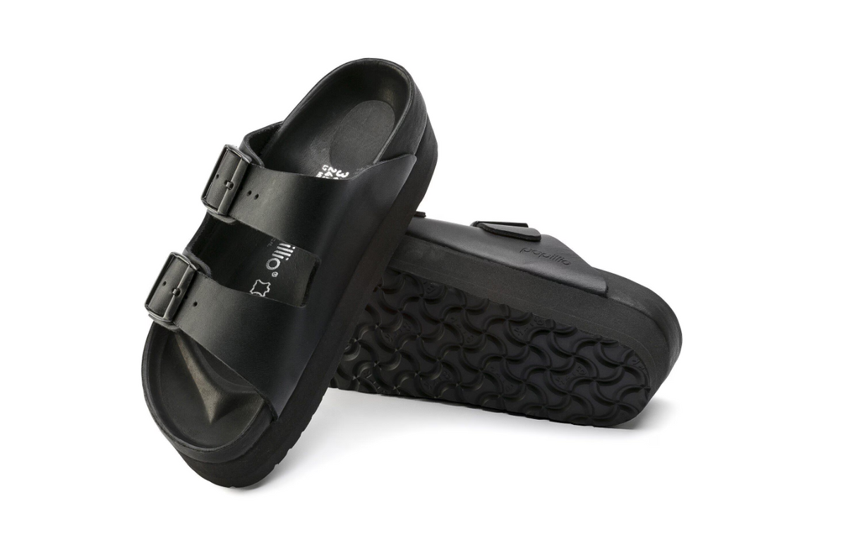 Birkenstock Arizona Platform Natural Leather Exquisite Black Sandals - Black, Narrow