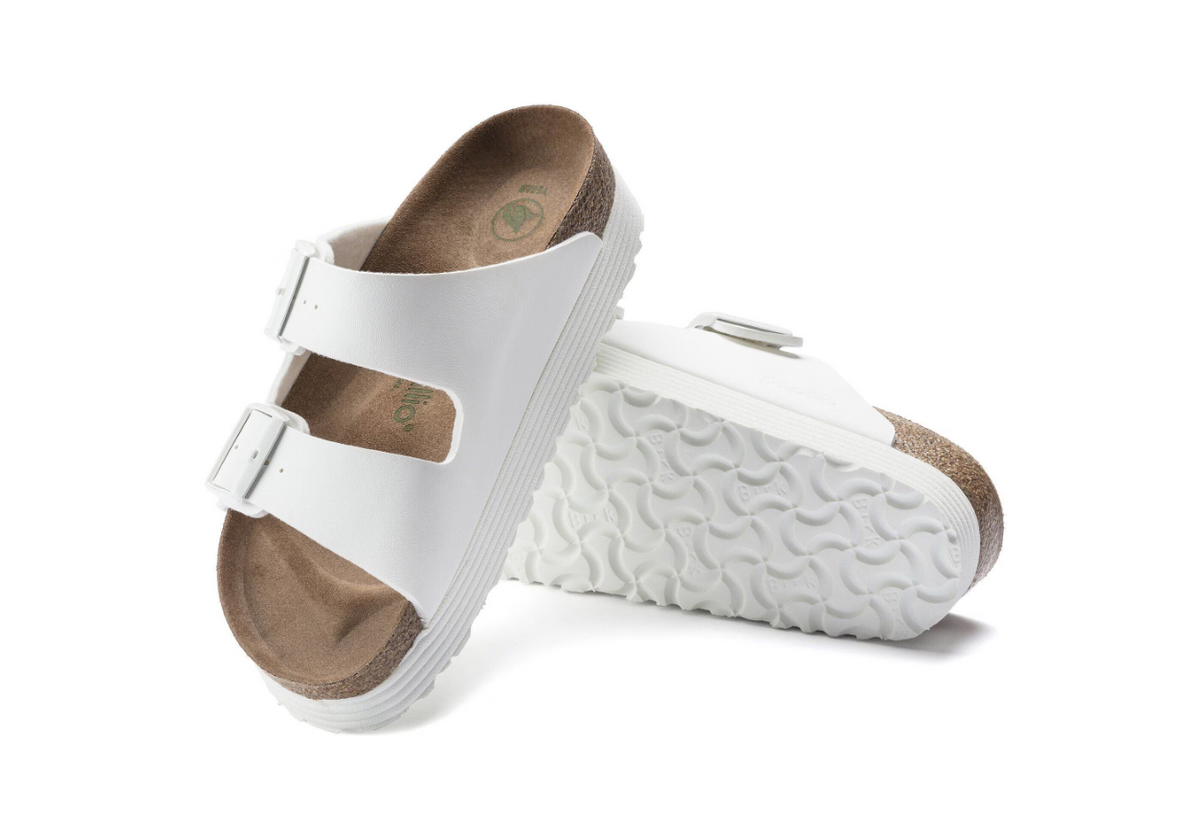 Birkenstock Arizona Platform Vegan Grooved Birko-Flor White Sandals - White, Narrow