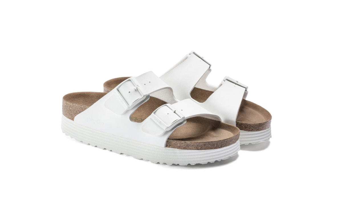 Birkenstock Arizona Platform Vegan Grooved Birko-Flor White Sandals - White, Narrow