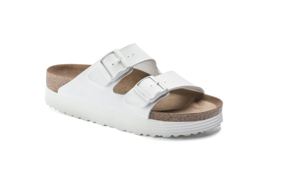 Birkenstock Arizona Platform Vegan Grooved Birko-Flor White Sandals - White, Narrow