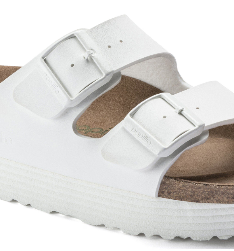 Birkenstock Arizona Platform Vegan Grooved Birko-Flor White Sandals - White, Narrow