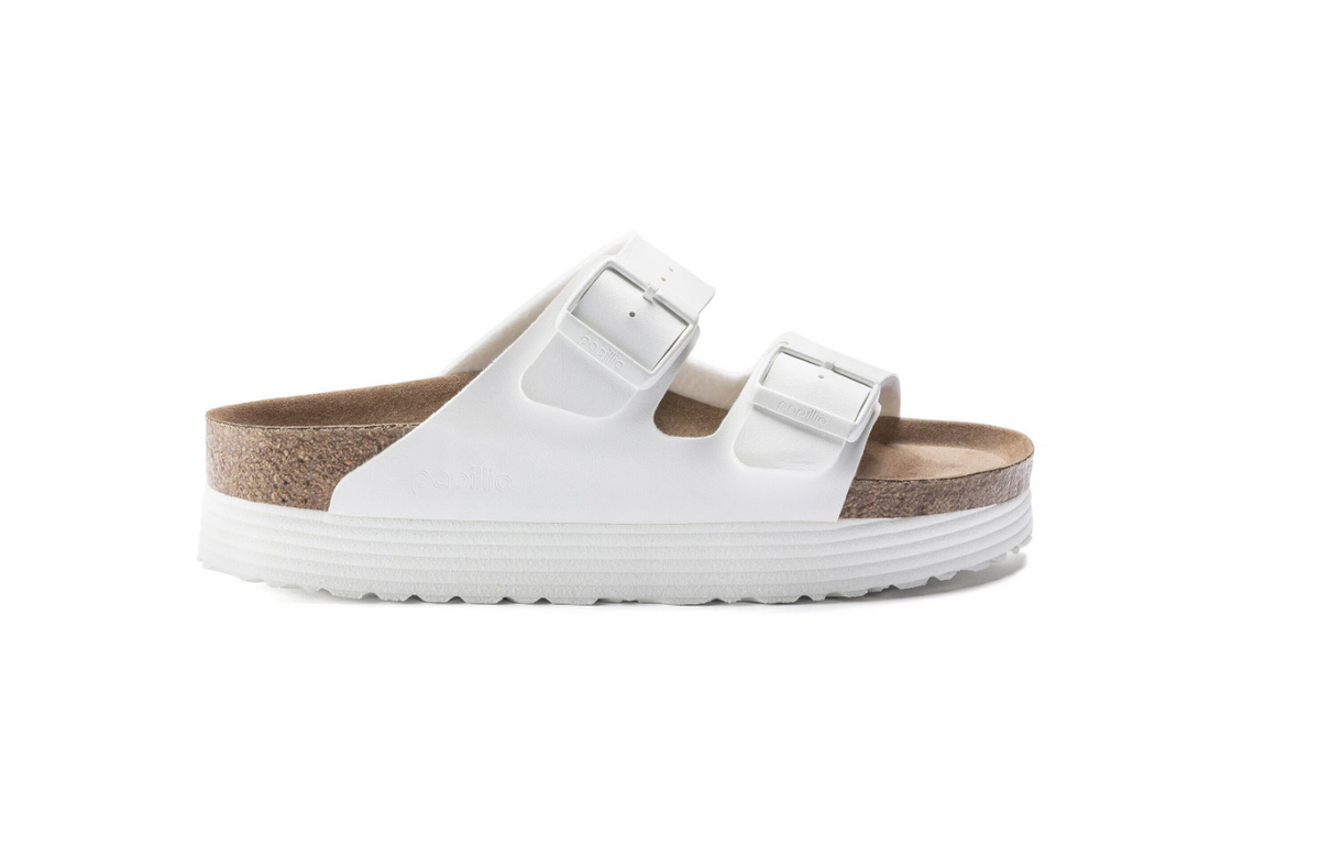 Birkenstock Arizona Platform Vegan Grooved Birko-Flor White Sandals - White, Narrow