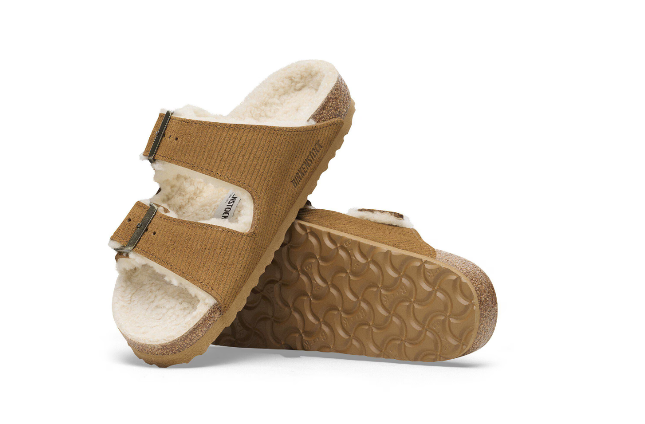 Birkenstock Arizona Shearling Embossed Suede Leather Corduroy Cork Brown