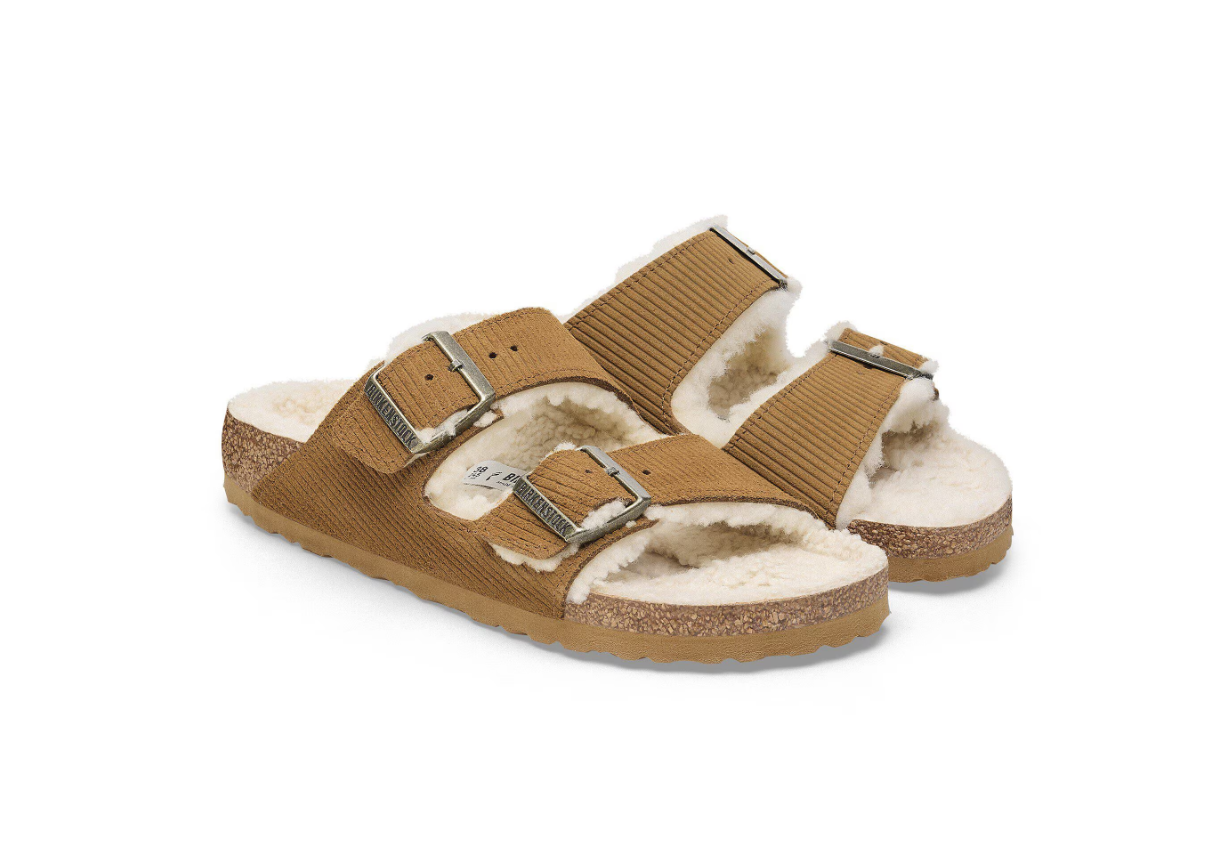 Birkenstock Arizona Shearling Embossed Suede Leather Corduroy Cork Brown