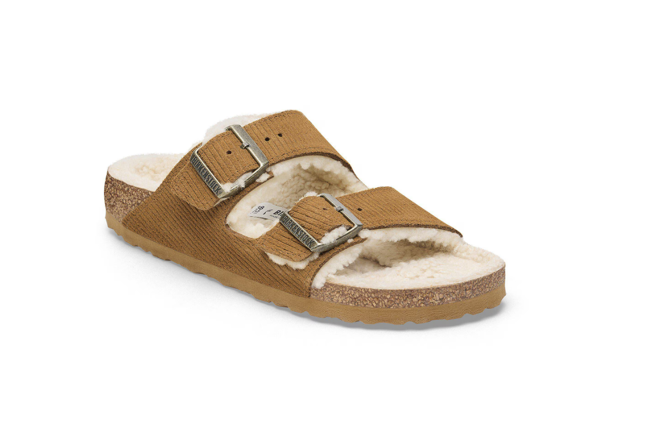 Birkenstock Arizona Shearling Embossed Suede Leather Corduroy Cork Brown