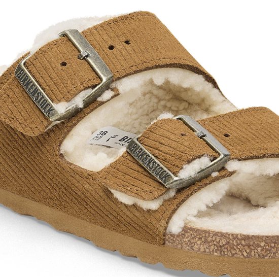 Birkenstock Arizona Shearling Embossed Suede Leather Corduroy Cork Brown