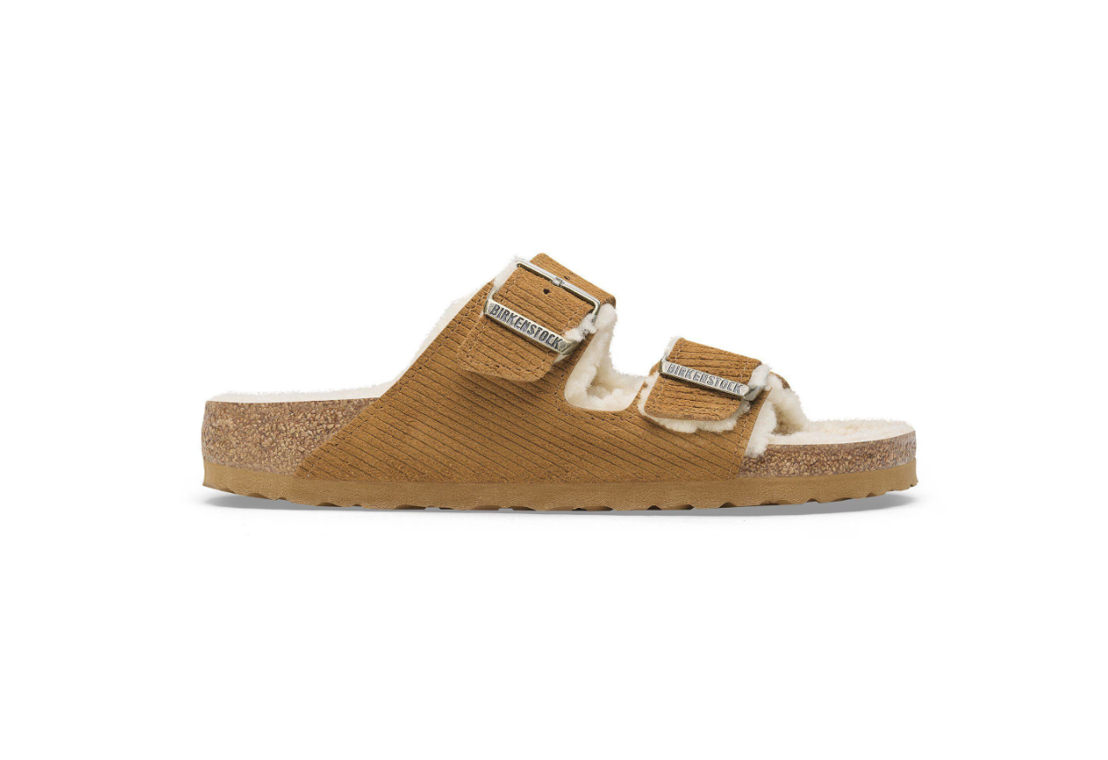 Birkenstock Arizona Shearling Embossed Suede Leather Corduroy Cork Brown