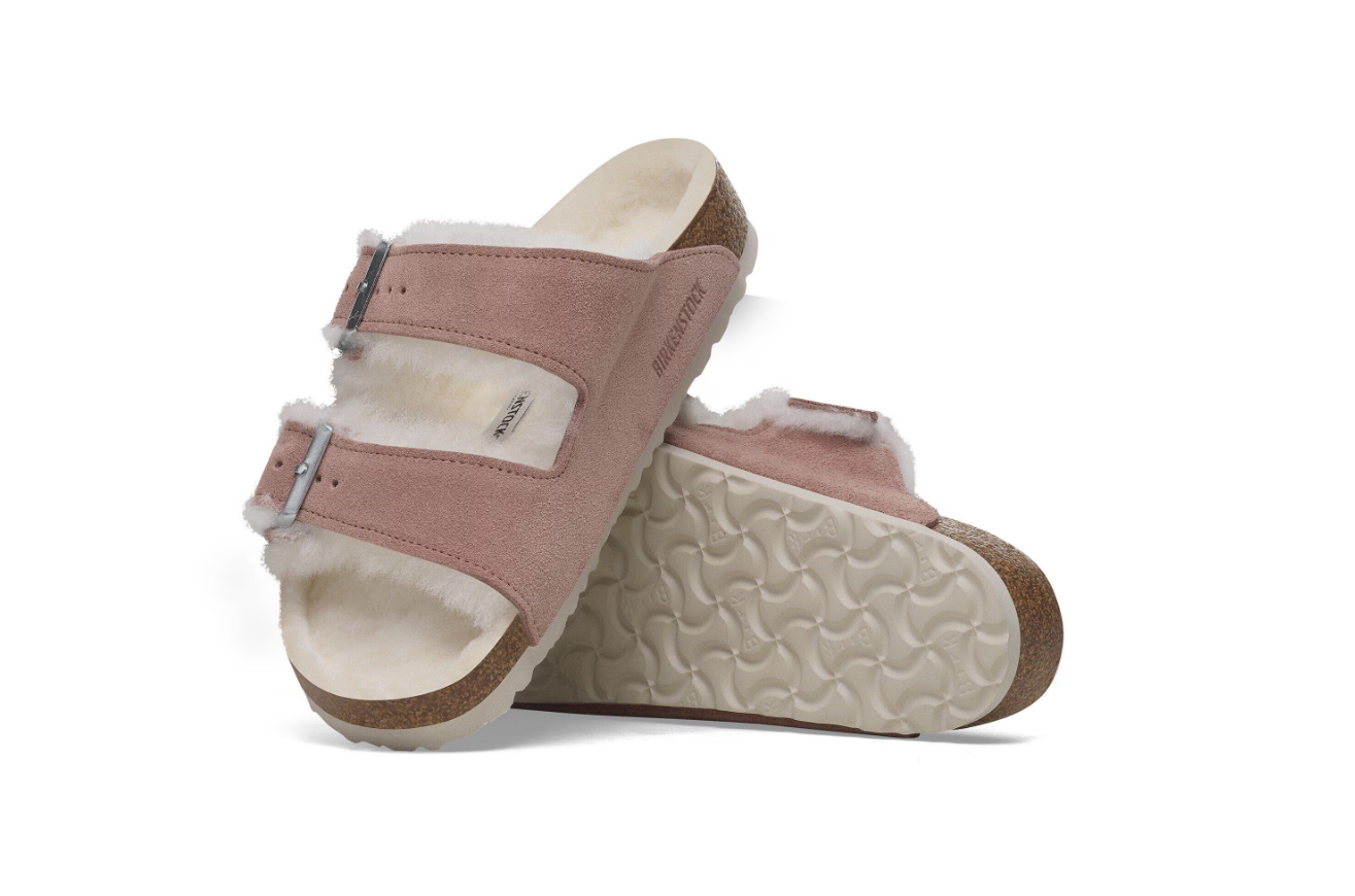 Birkenstock Arizona Shearling Suede Leather Sandals Pink Clay