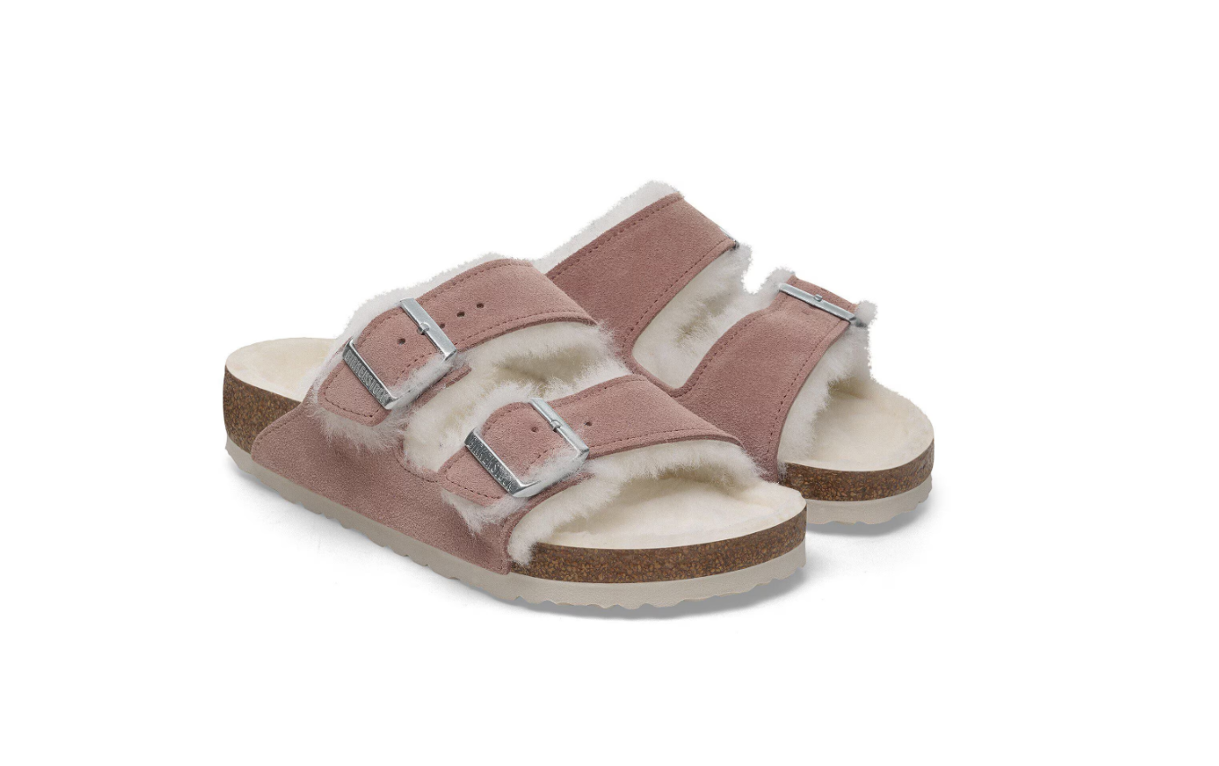 Birkenstock Arizona Shearling Suede Leather Sandals Pink Clay