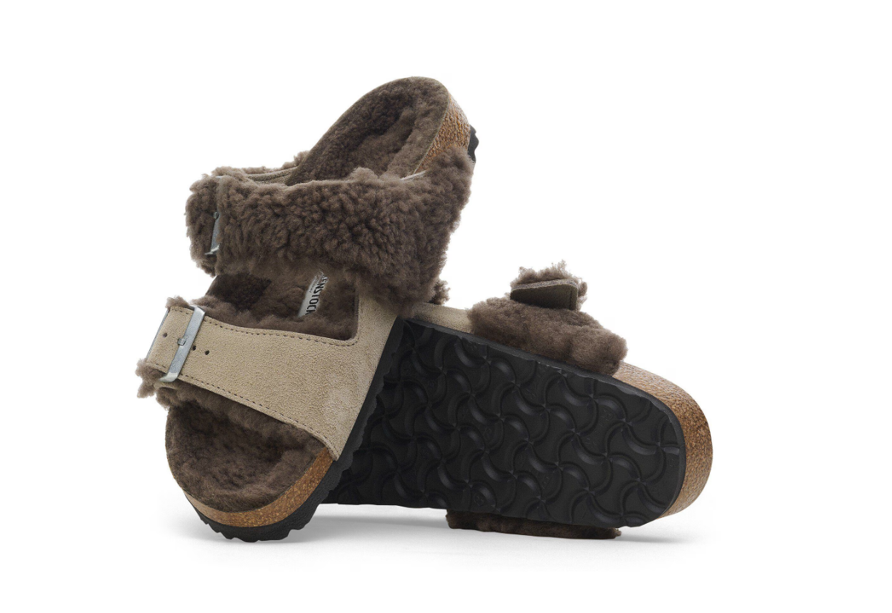 Birkenstock Arizona Teddy Split Suede Leather Fur Concrete Gray Stone Coin