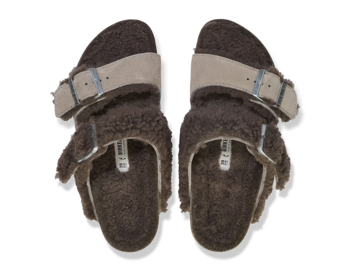 Birkenstock Arizona Teddy Split Suede Leather Fur Concrete Gray Stone Coin