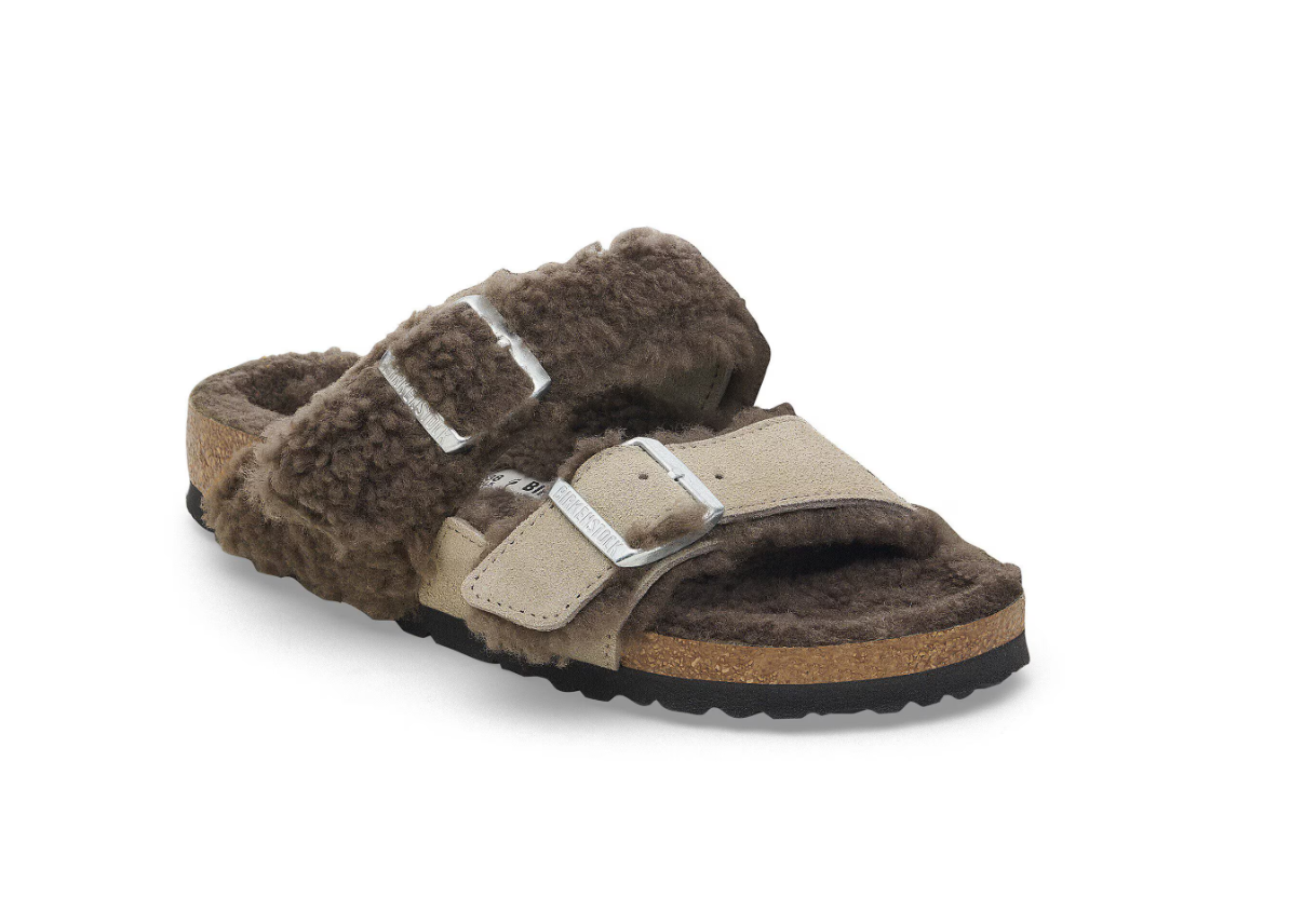 Birkenstock Arizona Teddy Split Suede Leather Fur Concrete Gray Stone Coin