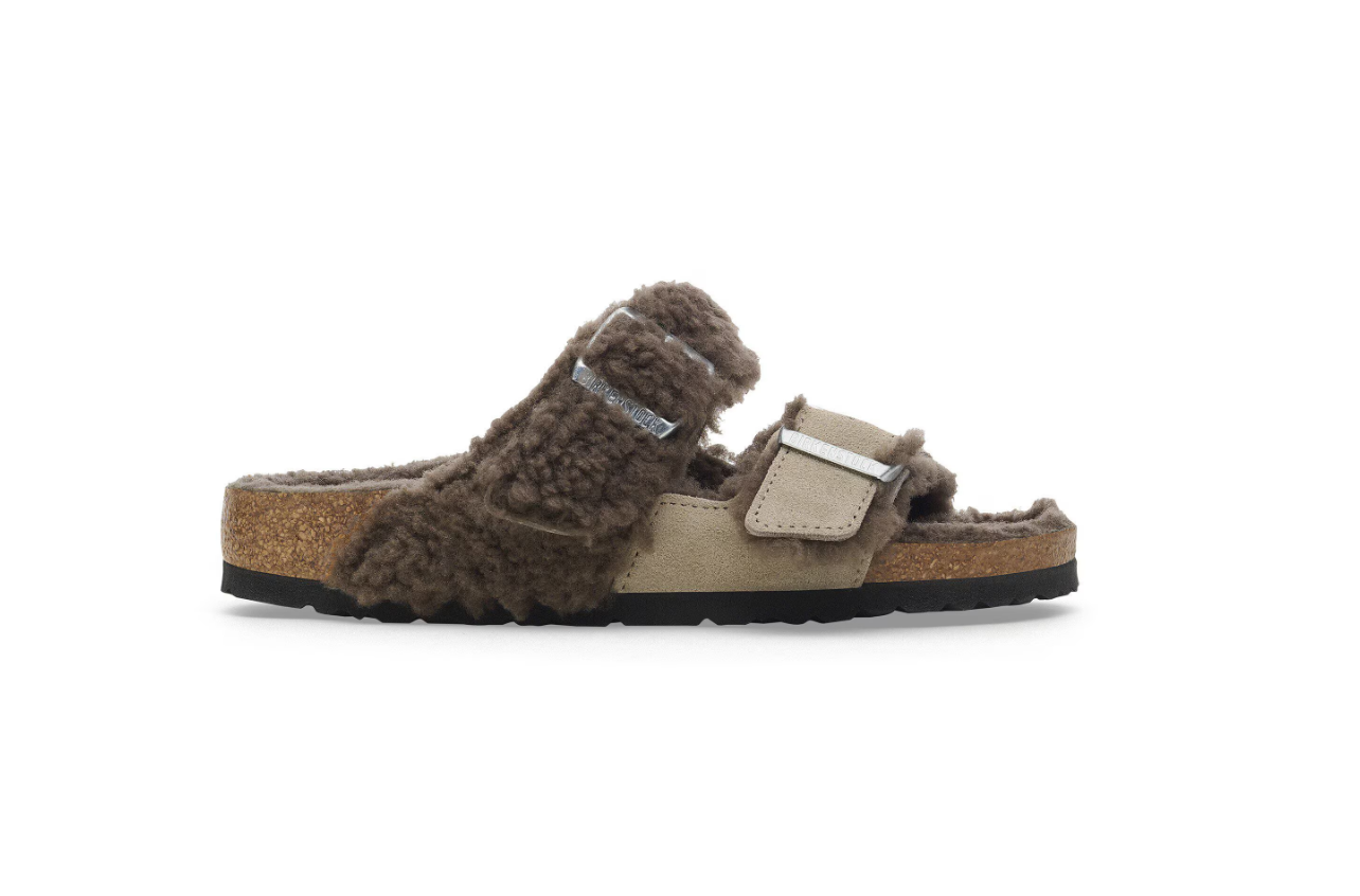 Birkenstock Arizona Teddy Split Suede Leather Fur Concrete Gray Stone Coin