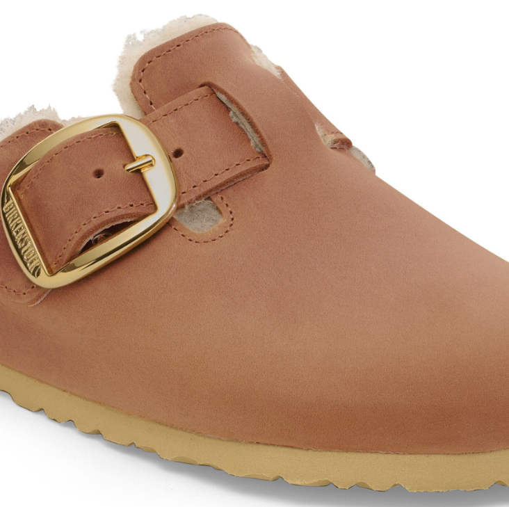 Birkenstock Boston Big Buckle Shearling Oiled Leather Cognac
