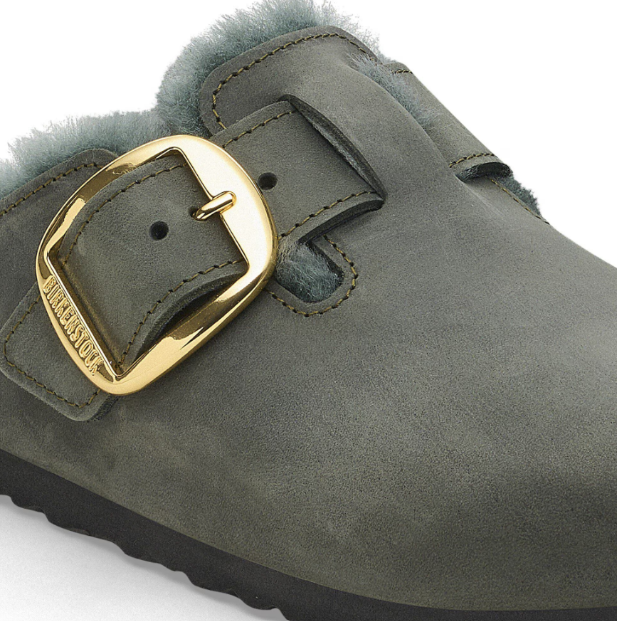Birkenstock Boston Big Buckle Shearling Oiled Leather Clog Thyme