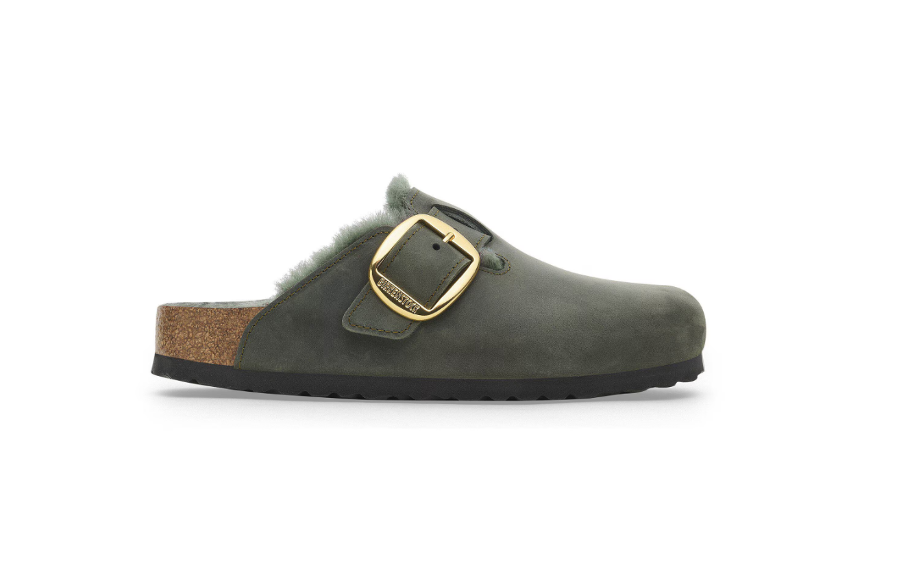 Birkenstock Boston Big Buckle Shearling Oiled Leather Clog Thyme