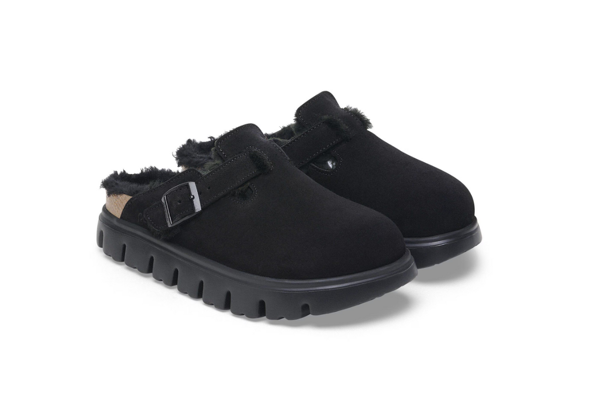 Birkenstock Boston Chunky Shearling Suede Leather - Black, Narrow