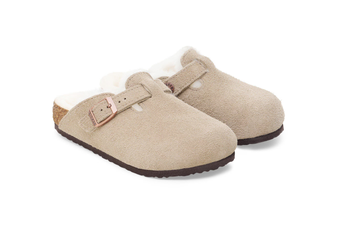Birkenstock Boston Shearling Kids Taupe Suede Leather Clogs