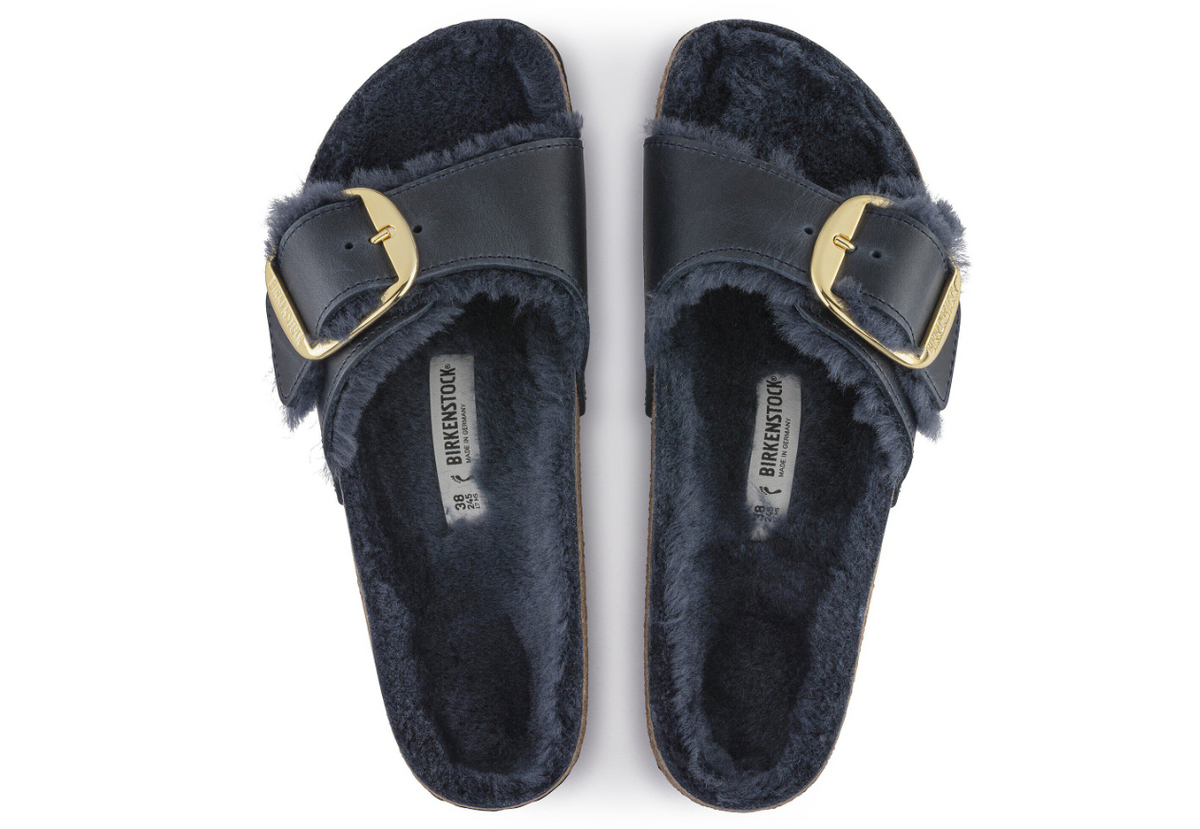 Birkenstock Madrid Big Buckle Shearling Oiled Leather Midnight Blue Narrow
