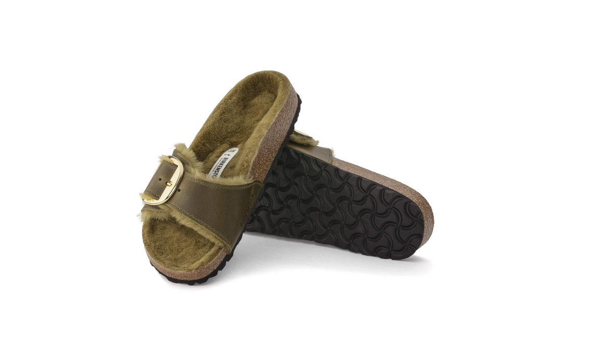 Birkenstock Madrid Big Buckle Shearling - Olive, Narrow