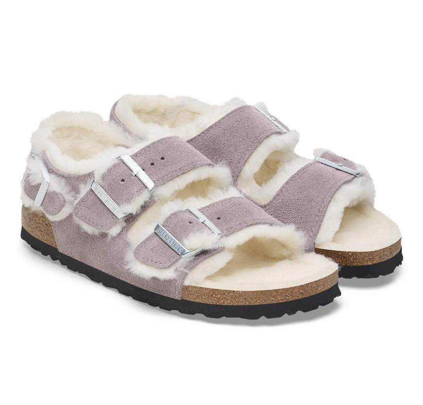 Birkenstock Milano Suede Shearling Faded Purple Sandals Narrow