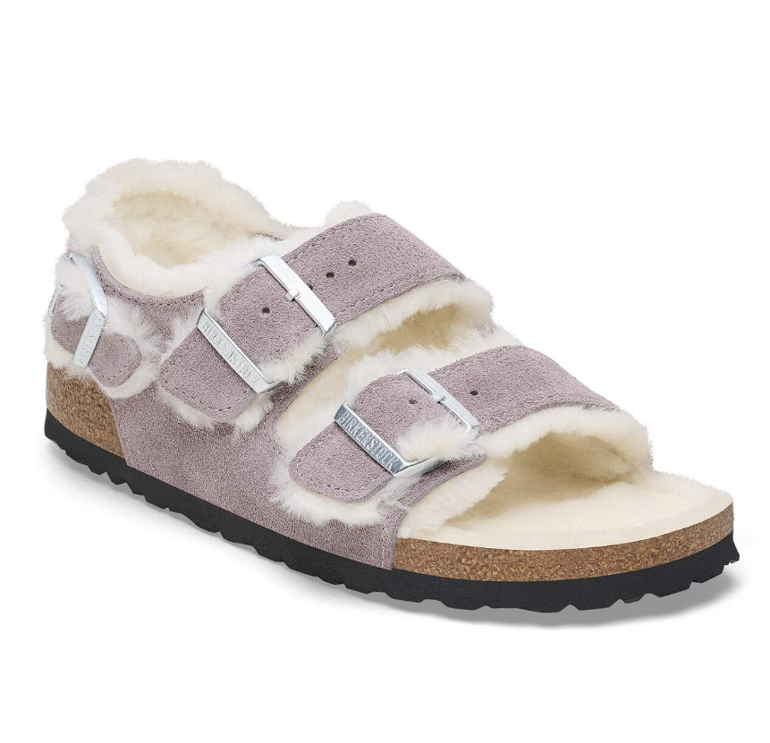 Birkenstock Milano Suede Shearling Faded Purple Sandals Narrow