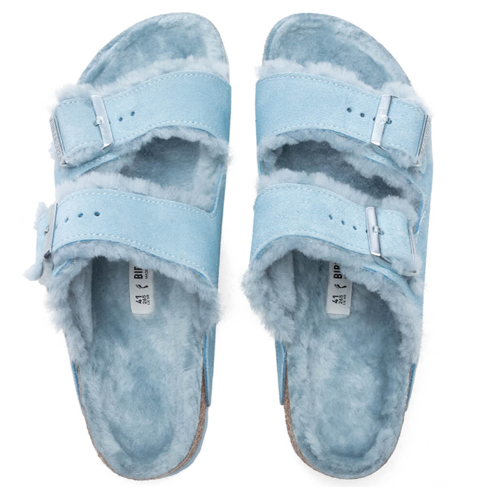 Birkenstock Arizona Shearling Suede Leather Sandals - Light Blue - Narrow