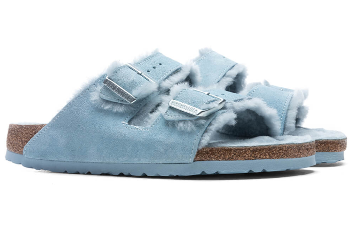 Birkenstock Arizona Shearling Suede Leather Sandals - Light Blue - Narrow