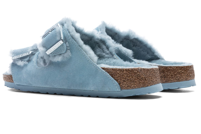 Birkenstock Arizona Shearling Suede Leather Sandals - Light Blue - Narrow