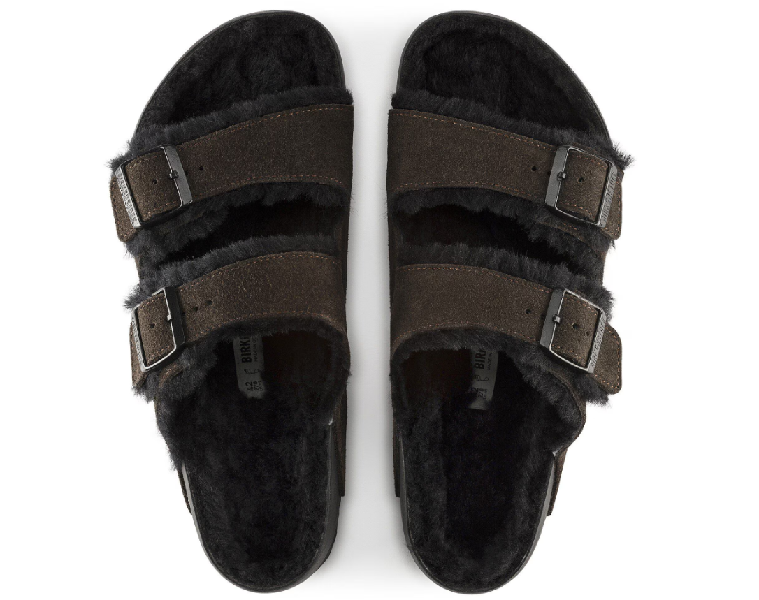 Birkenstock Arizona Shearling Suede Leather Sandals - Mocha/Black - Narrow