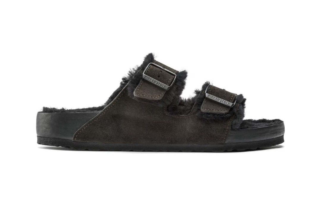 Birkenstock Arizona Shearling Suede Leather Sandals - Mocha/Black - Narrow
