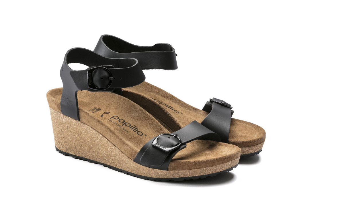 Birkenstock Soley Natural Leather Black Wedge Sandals Narrow