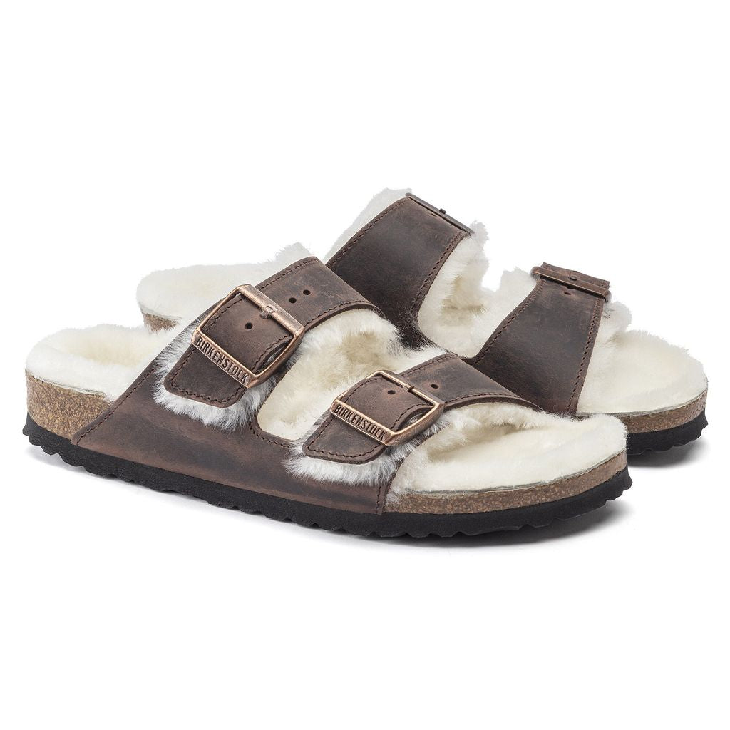 Birkenstock Arizona Shearling - Oiled Leather Upper - Cork-Latex Footbed - Adjustable Straps - EVA Sole - Multiple Colors and Size