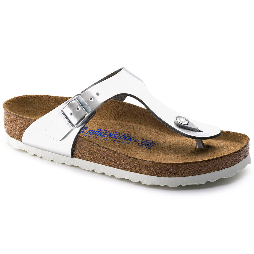 BIRKENSTOCK GIZEH SOFT FOOTBED METALLIC SILVER LEATHER