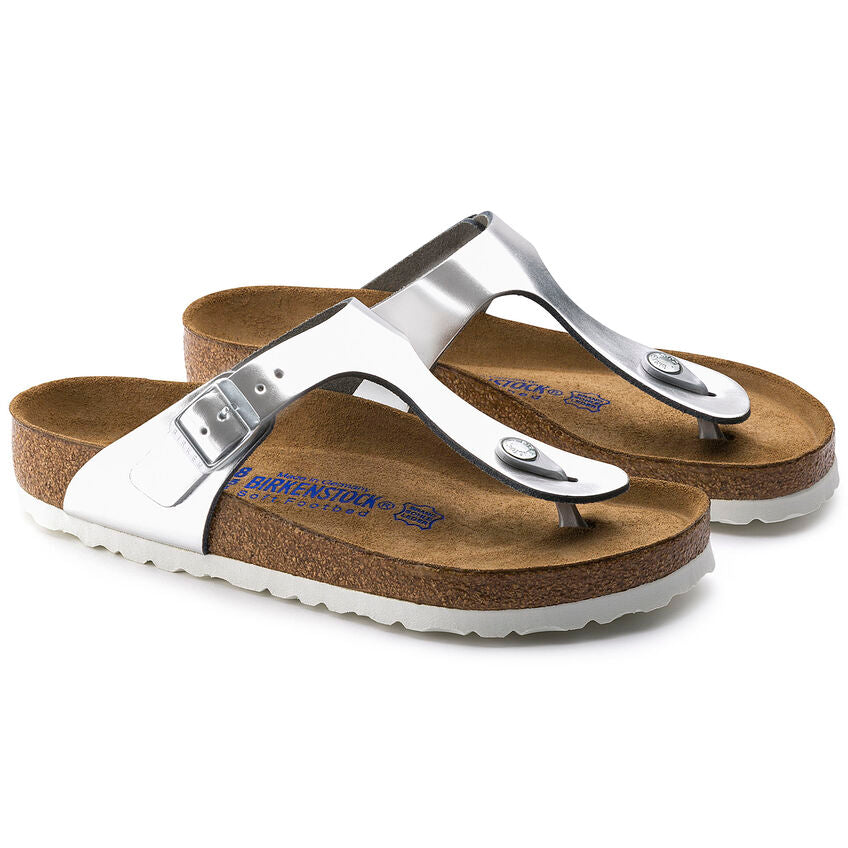 BIRKENSTOCK GIZEH SOFT FOOTBED METALLIC SILVER LEATHER