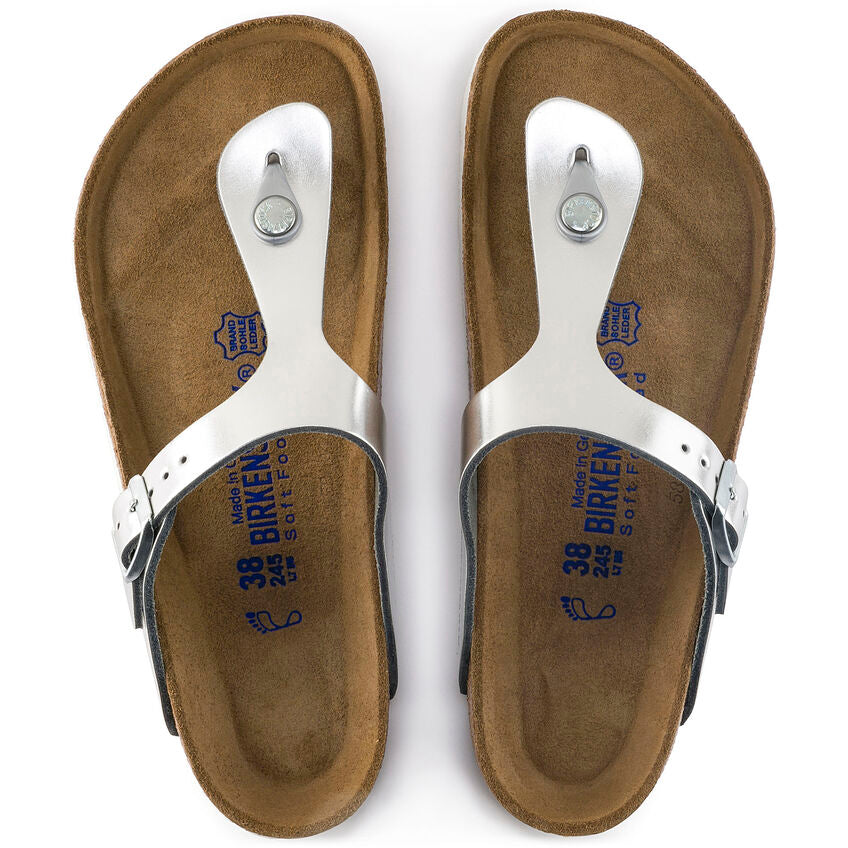 BIRKENSTOCK GIZEH SOFT FOOTBED METALLIC SILVER LEATHER