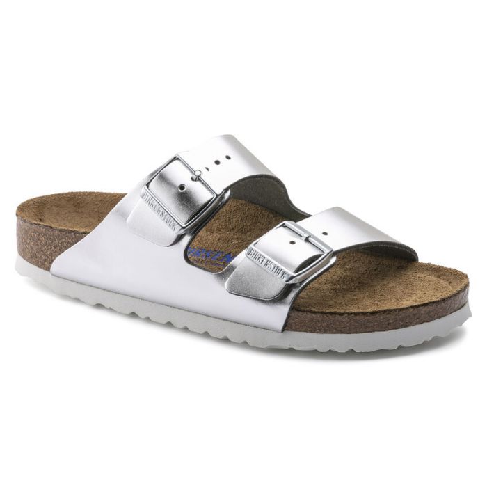 BIRKENSTOCK ARIZONA SOFT FOOTBED METALLIC SILVER LEATHER REGULAR