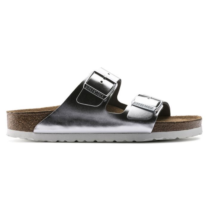 BIRKENSTOCK ARIZONA SOFT FOOTBED METALLIC SILVER LEATHER REGULAR