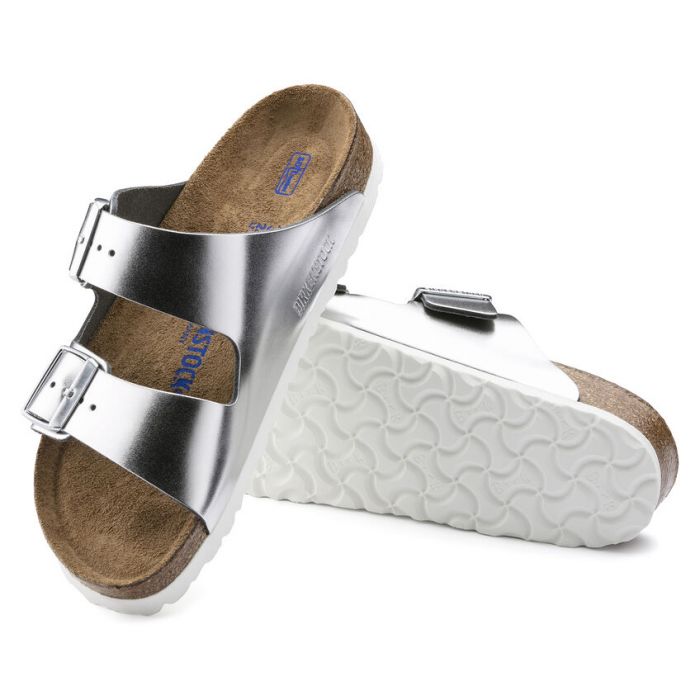 BIRKENSTOCK ARIZONA SOFT FOOTBED METALLIC SILVER LEATHER REGULAR