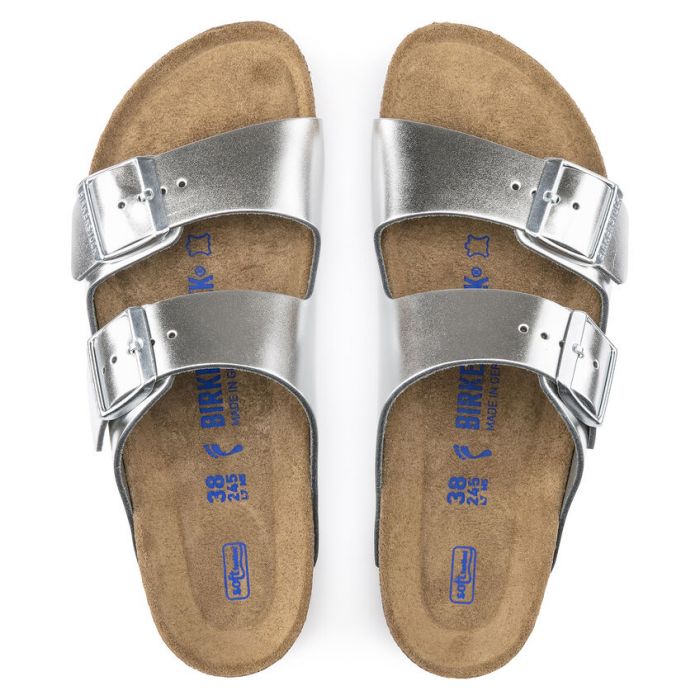 BIRKENSTOCK ARIZONA SOFT FOOTBED METALLIC SILVER LEATHER REGULAR